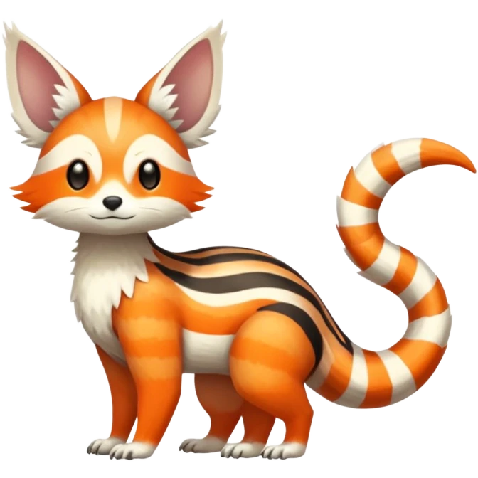 lush warm-colored Fakémon-Trico-creature (full body) with white cheek markings, white-striped tail emoji
