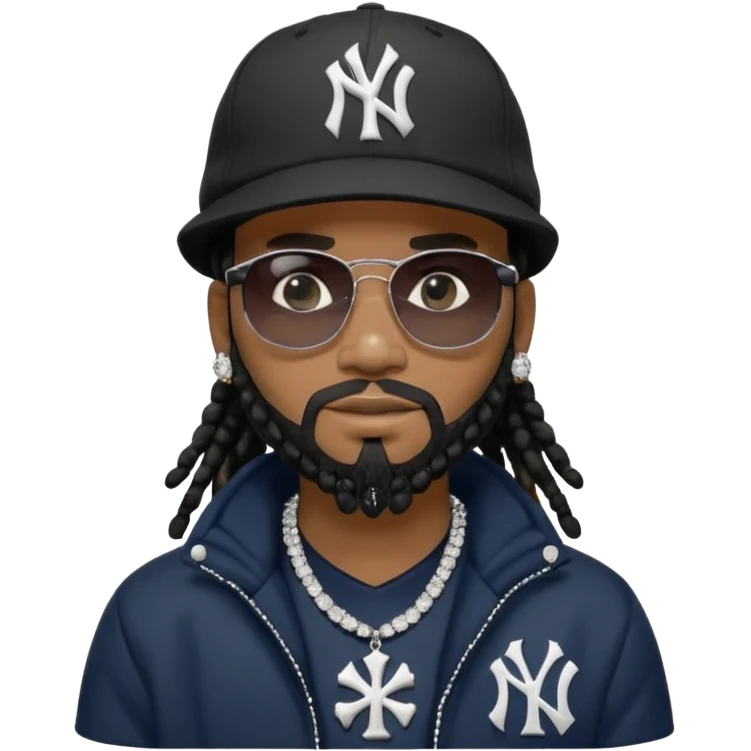 African American man with shoulder length black dreadlocks with black beard wearing black sunglasses wearing a New York Yankees logo baseball cap wearing a black bubble winter coat wearing a diamond grill in mouth with diamond cross necklace on his neck emoji