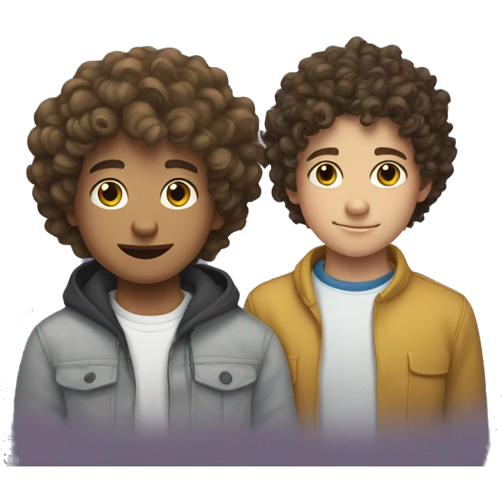 cartoon photo of both a mixed teen with curly hair and white teen boy with wavy short  hair ,  emoji