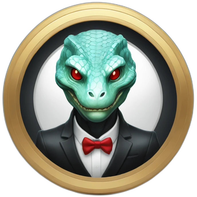 Aquamarine reptilian in classic black suite with red laser eyes on the middle of platinum coin emoji