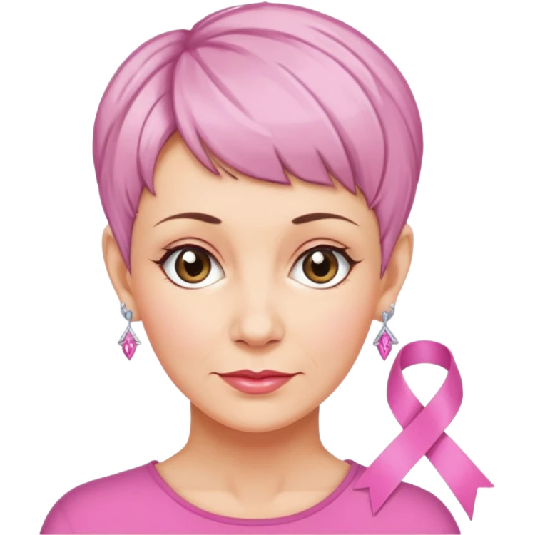 Mature Woman with pixiecut wearing earrings of pink ribbons emoji