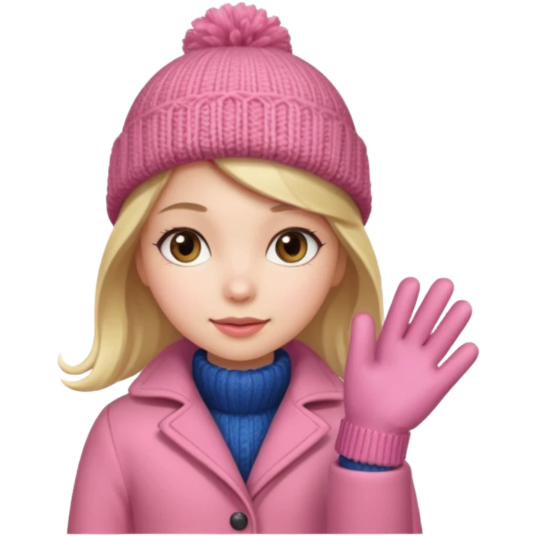 The girl is wearing a warm pink winter coat and a pair of woolen gloves. emoji
