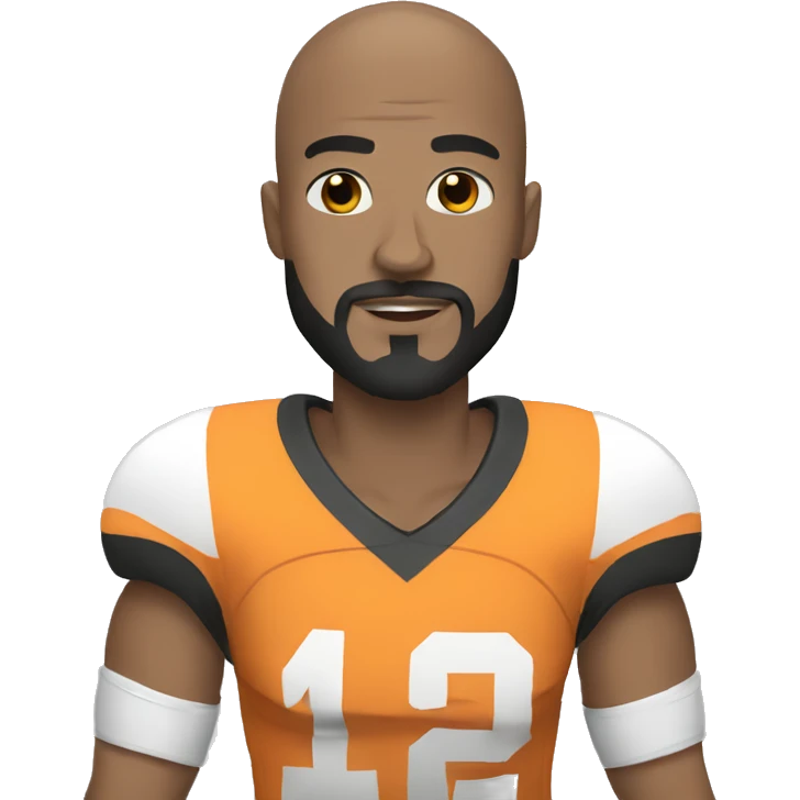 Bald football player with football ball a black beard, dark brown eyes emoji