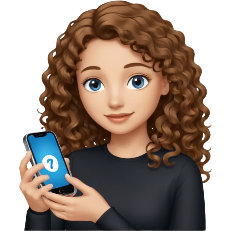 generate a pretty woman with blue eyes, light skin and medium brown long wavy almost curly shiny hair holding a phone she is looking at the phone while looking down at the screen. she is wearing an ALL black long sleeve. she is smiling emoji