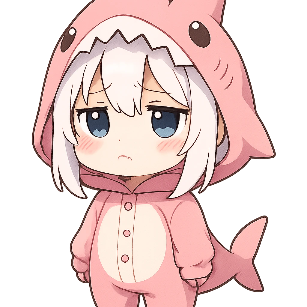 chibi style anime girl with white hair in a pink shark onesie, pouting with a sad expression emoji
