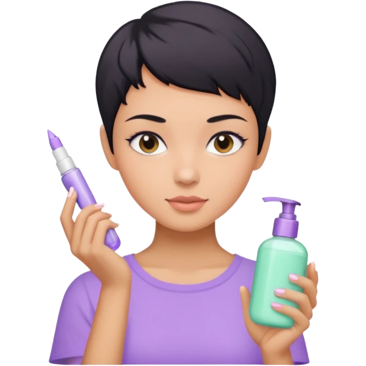 tan girl with pastel purple shirt with black hair & a pixie, doing her skin care emoji