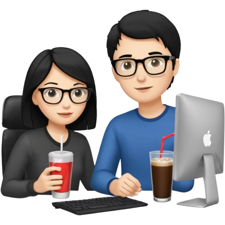 Hombre blanco con gafas, pelo negro tomando un refresco frente a un ordenador con ropa de sport,  y se ve en la pantalla del ordenador una mujer rubia tomando café emoji
