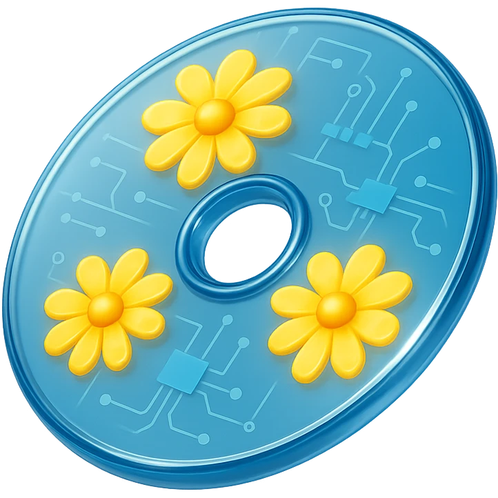 A minimalist CD disc with glowing floral pattern, yellow flowers emoji