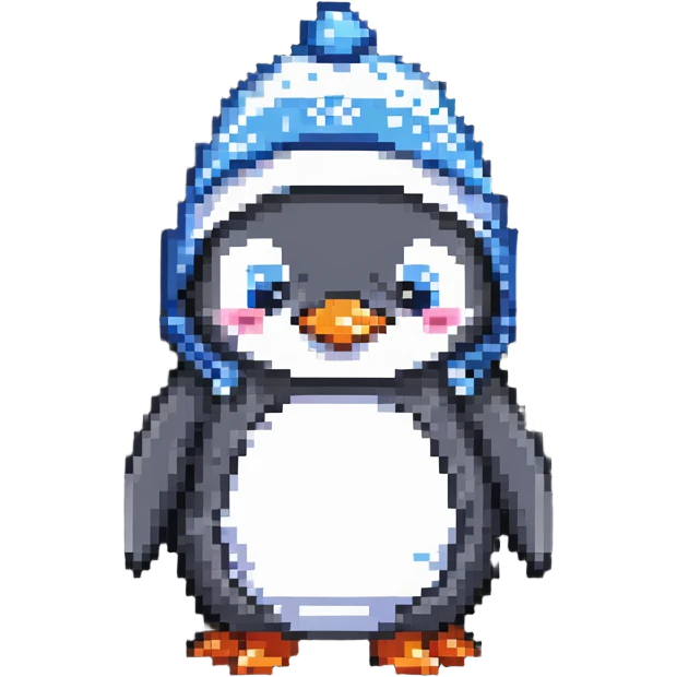 a penguin wearing a sleeping cap and pajamas, pixel art style, cute and cozy emoji