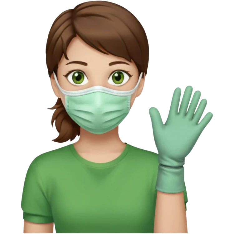 Humano de pelo marrón y ojos verdes, con un cubre boca, que tiene una camisa verde por encima de una remera blanca, y tiene un guante sin dedos en una sola de las manos emoji