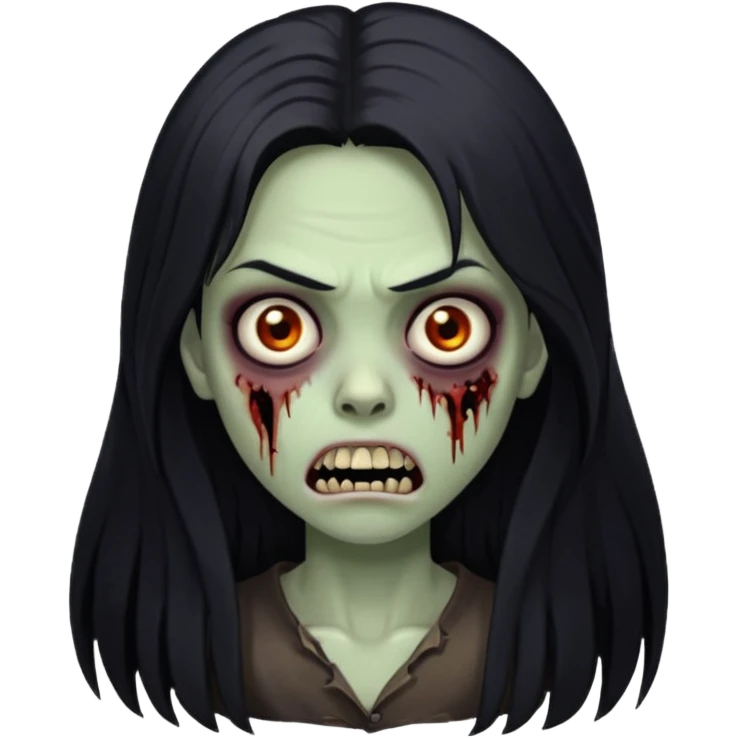 Girl zombie with black long hair with teeth and serious face IOS style emoji