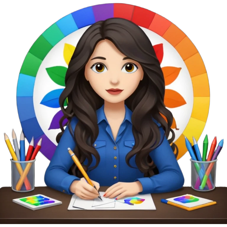 female dark wavy long hair graphic designer , color wheel, pens, papers , desktop emoji
