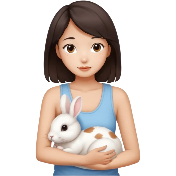 A young Asian woman with dark brown, almost Asian girl with dark brown hair, brown eyes, light Asian skin, add soft makeup and dress in tank top and hugging a one white rabbit with light brown spots, soft and warm atmosphere.
  emoji