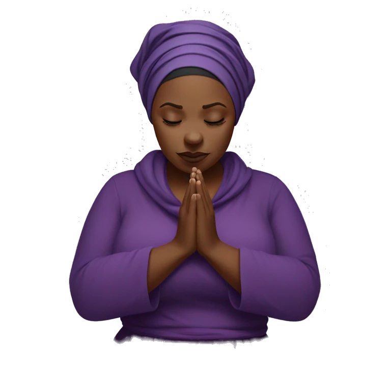 Dark Plus size woman praying with purple head wrap   emoji