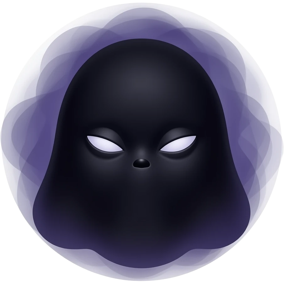 A mysterious darkness emoji, shadowy figure face, no clear features or glowing faint eyes, dark smoky aura surrounding, deep black and dark purple tones, subtle eerie expression, smooth round face, minimalistic emoji style, clean vector design, high quality, centered, transparent background emoji