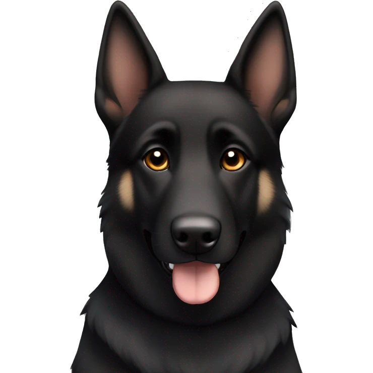 Black German shepherd husky mix with brown eyes tilting head one ear up one ear down emoji