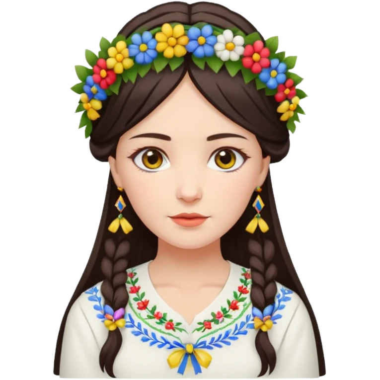 Ukrainian woman in a white embroidered shirt with dark hair in a wreath of flowers with multicoloured ribbons on her head emoji