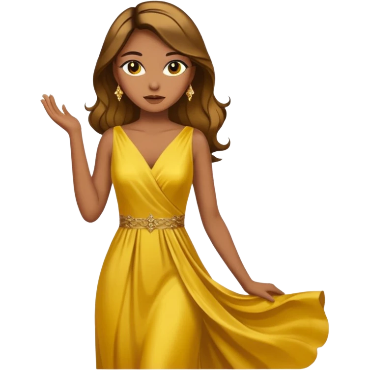 Woman using a long elegant yellow dress. She has medium skin tone and a brown with gold makeup emoji