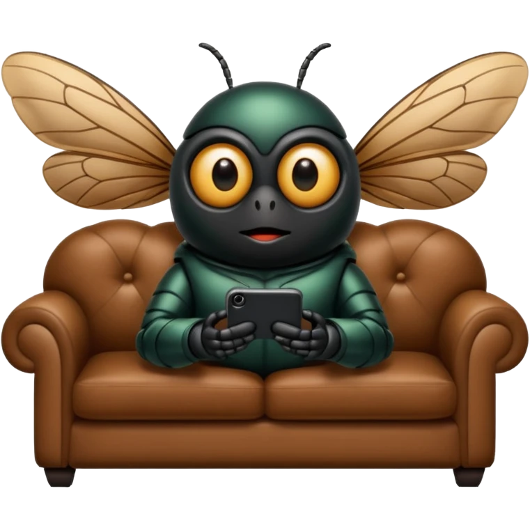 Black Cicada cartoon style with black shiny round eyes watching on a phone sit on a brown sofa  emoji