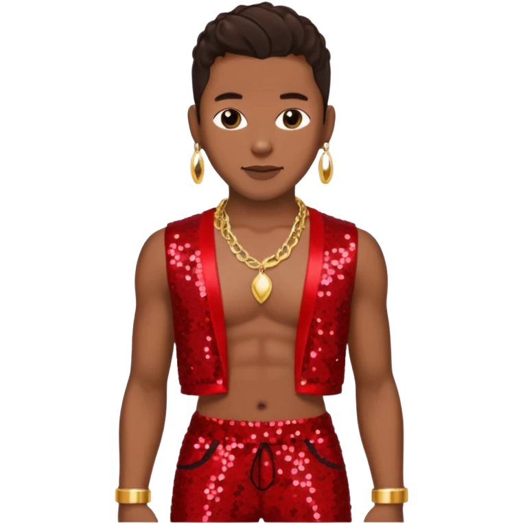 Bobby Brown with dark brown hair, red sequin bolero crop top, red sequin harem pants, shirtless with necklace emoji