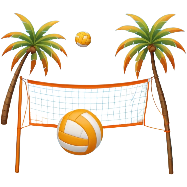 The scene captures a sunny sea beach atmosphere with clear blue sea and sky, palm trees swaying. A volleyball resting on the orange sand ground of a beach, with a volleyball net in the background.  emoji