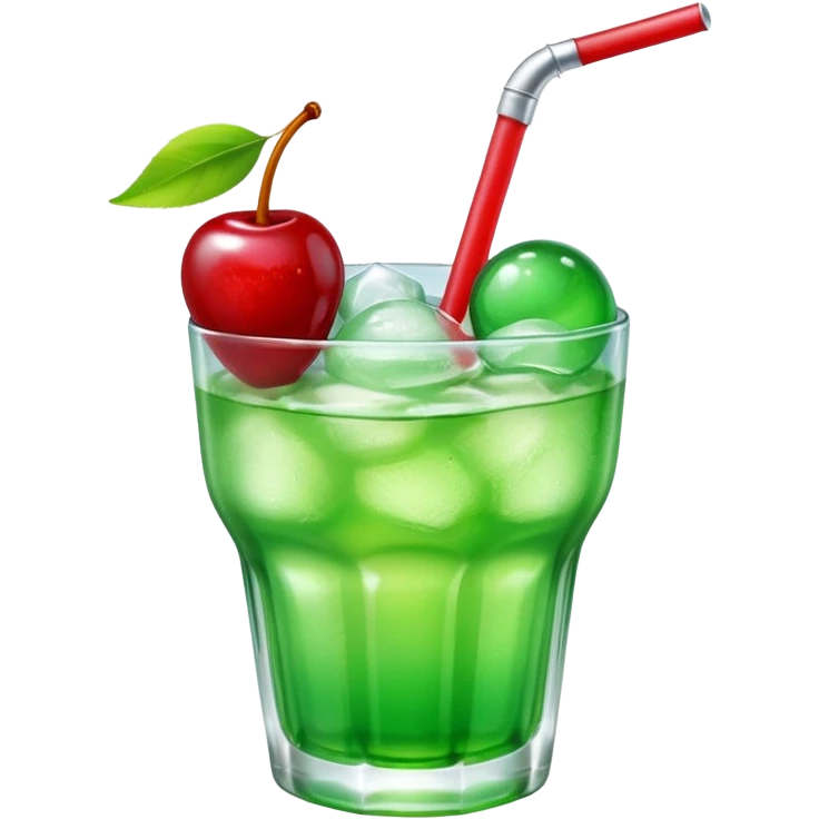 Create an emoji with a very clear rounded glass and ice, bright transparent green soda , a smooth vanilla scoop circle shape, a glossy red cherry, using vibrant colors, soft shading, and clear glass highlights.
 emoji
