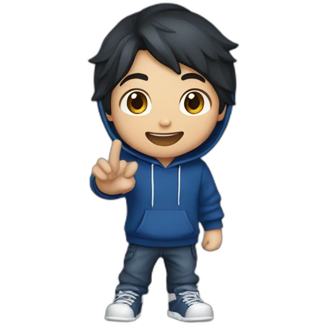 gamer boy with dark hair and dark brown eyes in dark blue hoodie waving hello emoji