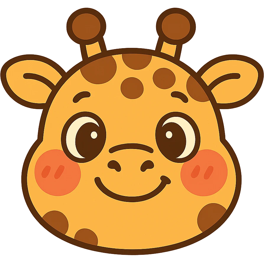 cute, stylized cartoon giraffe head with big, expressive eyes, a friendly smile, and exaggerated blush marks. The design should be simple, round, and optimized for small sizes (Twitch emoji). Use warm yellow and brown colors, with a soft outline. The expression should be happy and welcoming, perfect for a 'hi' or 'yay' emote. Cartoonish, kawaii-inspired style emoji