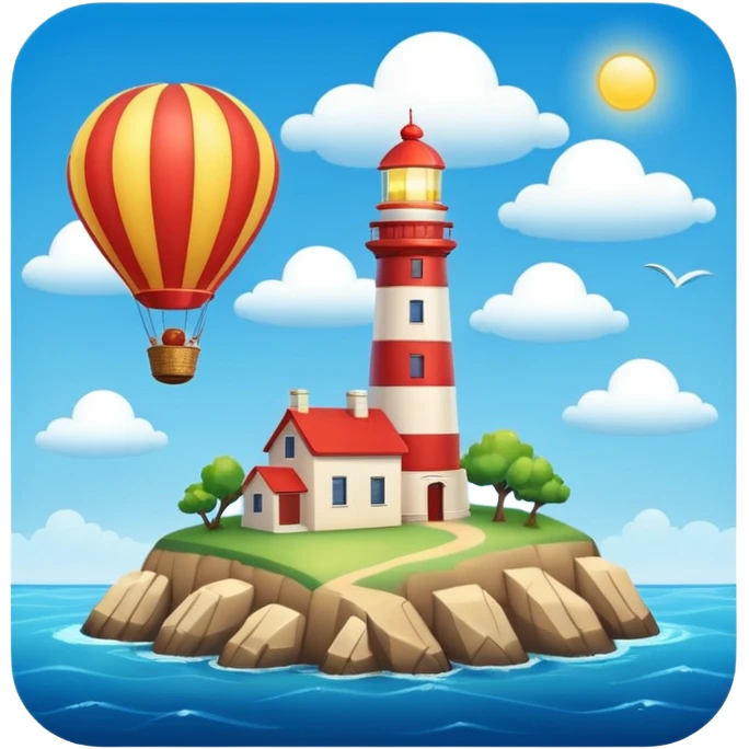 An ocean with a hot air balloon and a lighthouse  emoji