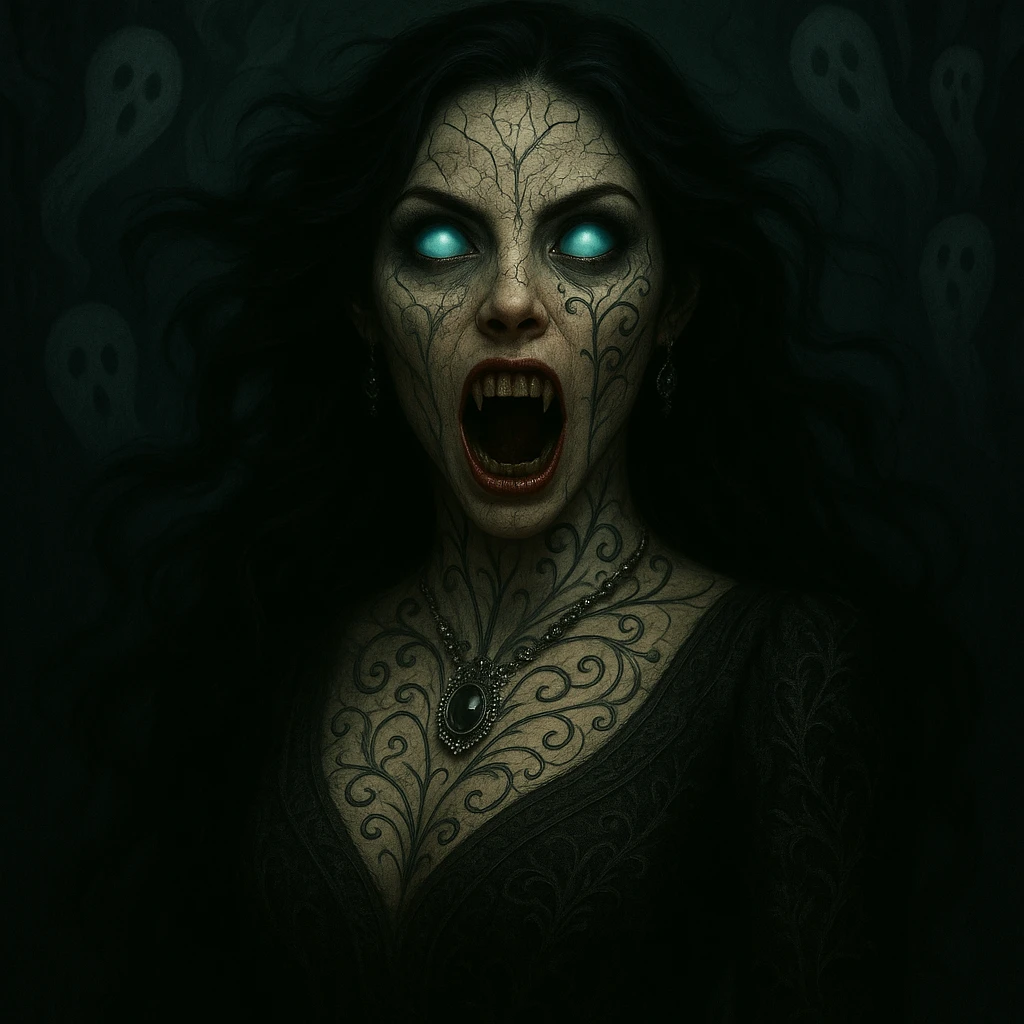 Make the beautiful scary girl look realistic, photorealistic horror portrait style. Keep gothic jewelry and supernatural features with dramatic lighting. Emphasize photorealism and horror elements in the portrait. emoji