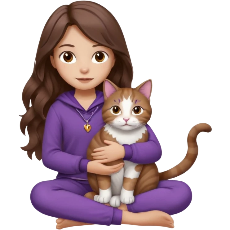 a girl with long wavy brown hair and soft brown eyes, wearing cozy purple clothes, sitting cross-legged, gently holding a tricolor cat (brown, white, and grey) in her lap, calm warm expression, iOS emoji style, soft lighting, gentle color palette emoji