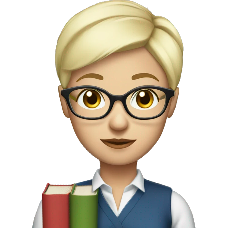 female Teacher with books glasses blonde pixie haircut blue eyes blouse emoji