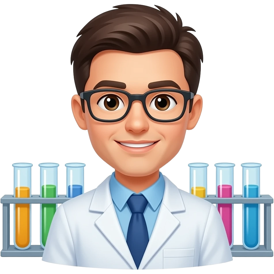3D emoji in Apple Memoji style: a scientist with short hair, glasses, and a lab coat. Minimal lab background with test tubes. Vibrant colors, clean lines emoji