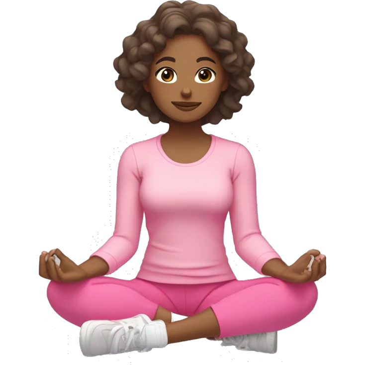 girl with light tan skin and dark loose wavy hair wearing pink exercise clothes sitting cross legged meditating with closed eyes 😌 emoji