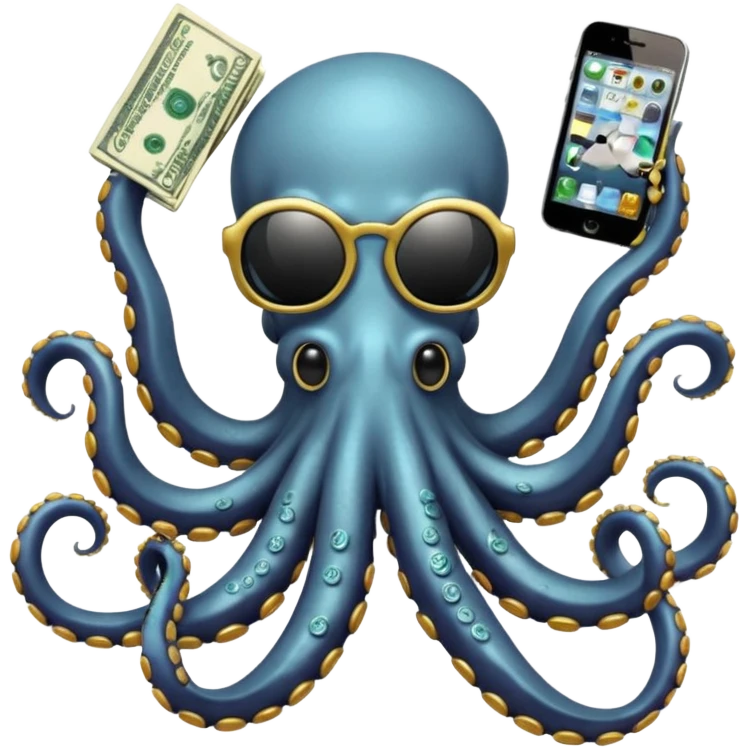 Intimidating octopus with pearl white skin, black suction cups. Wearing black mirrored sunglasses and a gold chain. 3 tentacles are holding their own cellphone with one held to the side of its face as if its on a phone call, 2 other tentacles are holding stacks of money emoji
