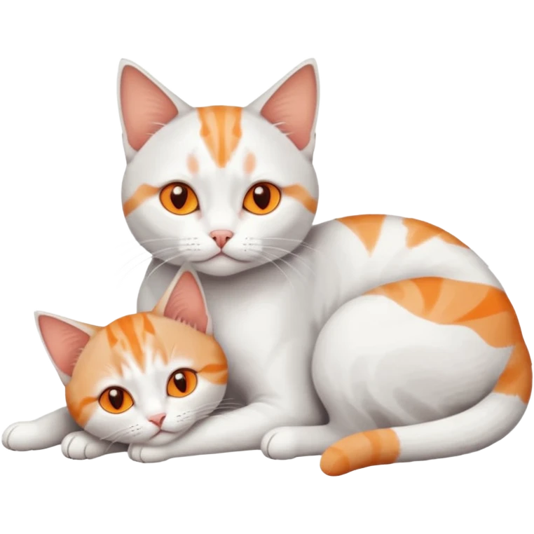 full body of a grey and white cat cuddling a very small + skinny ginger and white kitten with deep orange eyes and triangular shaped face lying down emoji
