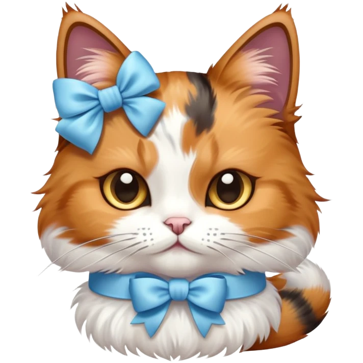 calico cat with a light blue bow on emoji