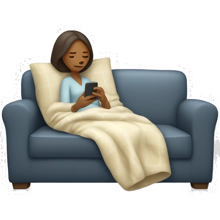 Wife laying on couch under a blanket on her phone. She is white. Have the husband behind the couch sneezy emoji