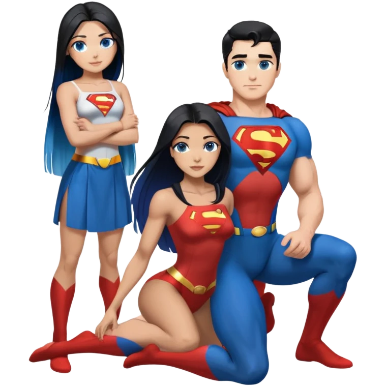 Art of woman's very gorgeous body scheme anatomy-bare shoulders and front-blue eyes-very long straight black to blue hair ombre-kneeling-front-leaning back-looking at male redish brownish haired man- in superman shirt  to her side emoji