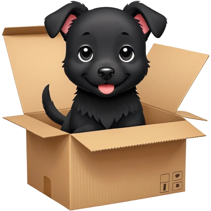  A very cute  young happy black dog with one's head tilted to one side poked its paws out of the cardboard big box and placed them on top of it emoji