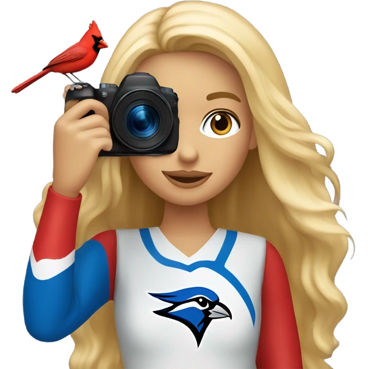 Long hair blonde girl with camera taking pictures of cardinals and blue jays emoji