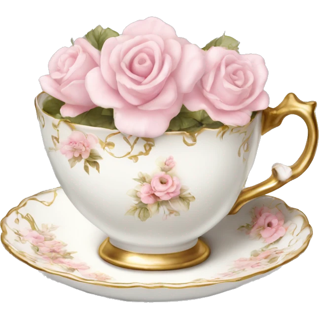 White teacup with baby pink floral antique print with gold accents  emoji