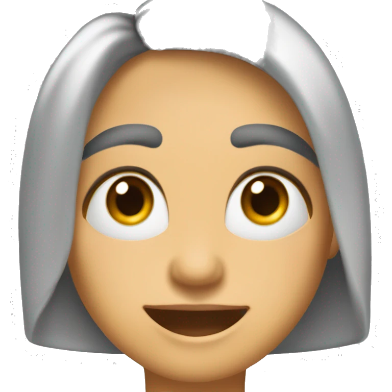 Mujer 45 años, caucásica, melena castaña a la altura del hombro con flequillo recto encima de los ojos, ojos castaños, sonriente, con hoyuelos en las mejillas emoji