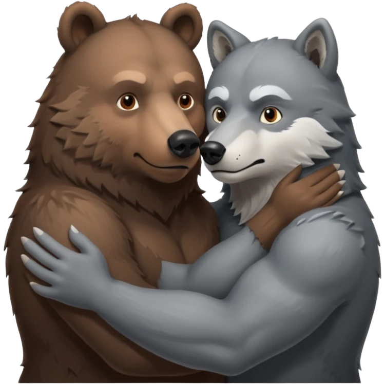 A beefy brown bear making out with a grey wolf. Both of them are males. And VERY into it. Increase realism to your highest potential.  emoji