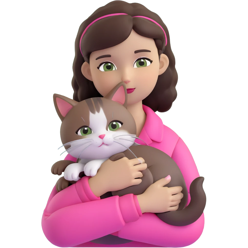 character with dark brown hair clipped back with a hairpin, sweet eyes, pink outfit, cuddling a cat emoji