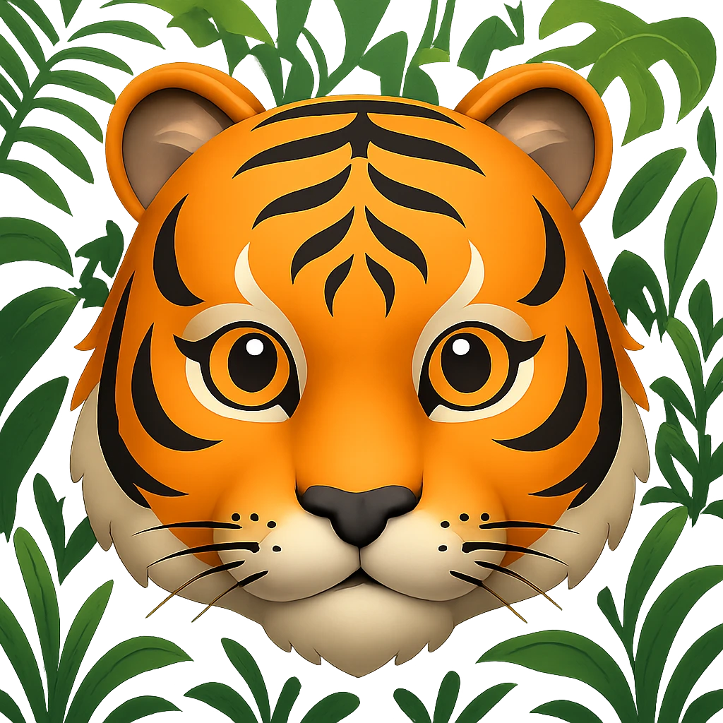 Add a lush green jungle background behind the tiger face in the style of apple emojis, preserving the apple emoji style and look. emoji
