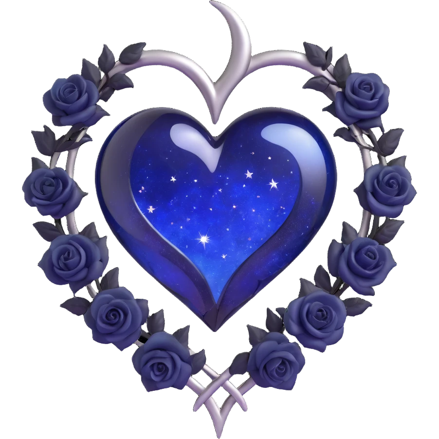 gothic heart made of midnight blue glass with a silver crescent moon, tiny black roses, shimmering stardust, swirling galaxy background emoji