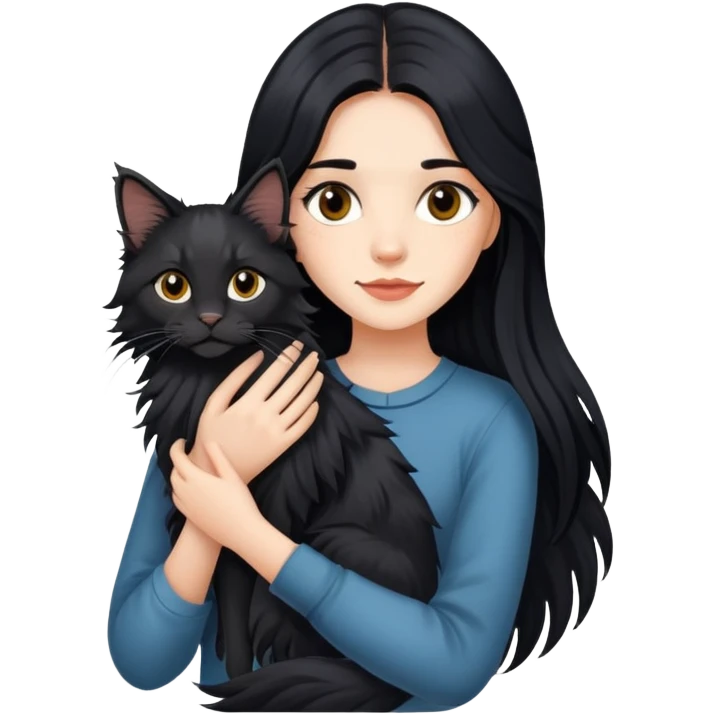 Fair skin beautiful black long hair girl holding maine coon  emoji