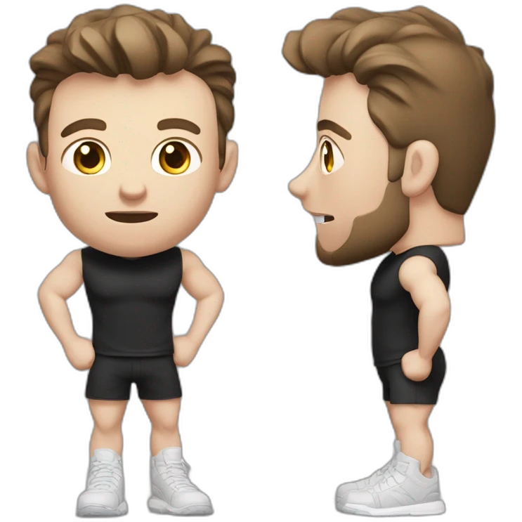 amazed Open with surprise mouth Pale skinned Fit Man With the biceps and dark brown hair in black shirt, gray sports shorts and white Sneakers emoji