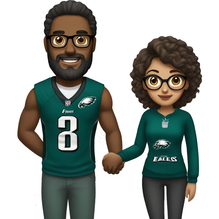  Brown guy with beard and mustache holding hands with a brown girl with her hair in a bun and she’s wearing glasses in Philadelphia eagles clothing  emoji
